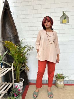 Zuri - Peach Pink Embroidered Short Cotton Kurta