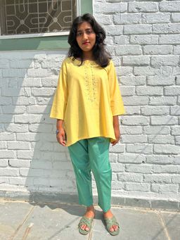 Zuri - Yellow Embroidered Short Cotton Kurta