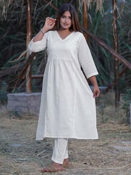 Zuri - White Yoke Embroidered A-Line Cotton Kurta