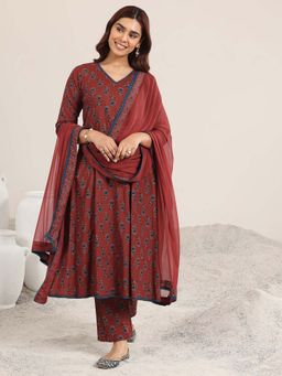 Libas - Maroon Floral Kurta with Pant and Dupatta (Set of 3)