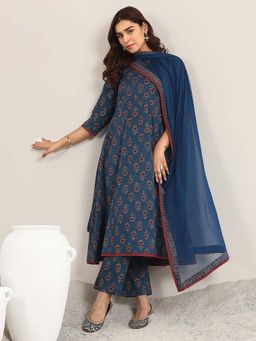Libas - Navy Blue Floral Kurta with Pant and Dupatta (Set of 3)