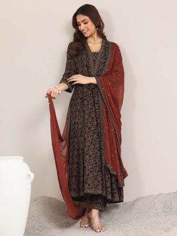 Libas - Black Floral Kurta with Pant and Dupatta (Set of 3)