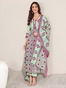 Libas - Green Floral Anarkali Kurta with Pant and Dupatta (Set of 3)