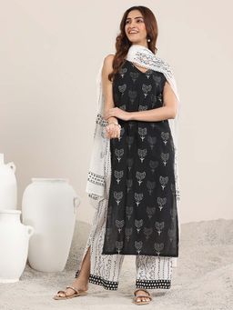 Libas - Black Printed Kurta with Palazzo and Dupatta (Set of 3)