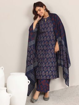 Libas - Navy Blue Floral Kurta with Palazzo and Dupatta (Set of 3)