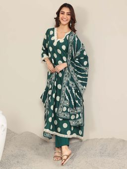 Libas - Green Polka Dots Anarkali Kurta with Pant and Dupatta (Set of 3)