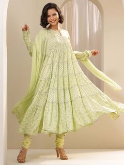 Libas - Yellow Floral Anarkali Kurta with Churidar and Dupatta (Set of 3)