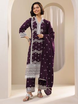Libas - Purple Embroidered Kurta with Pant and Dupatta (Set of 3)