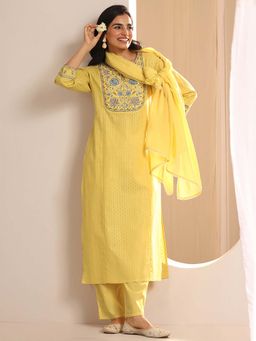 Libas - Yellow Floral Kurta with Pant and Dupatta (Set of 3)