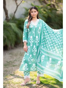 RANGREZA ETHNIC - Green Printed Kurta with Pant and Dupatta (Set of 3)