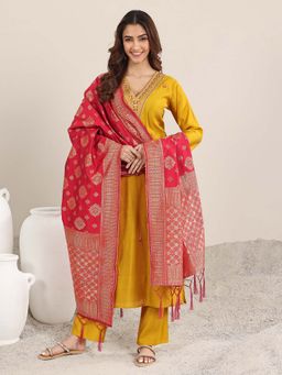 Gerua By Libas - Mustard Embroidered Kurta with Pant and Dupatta (Set of 3)