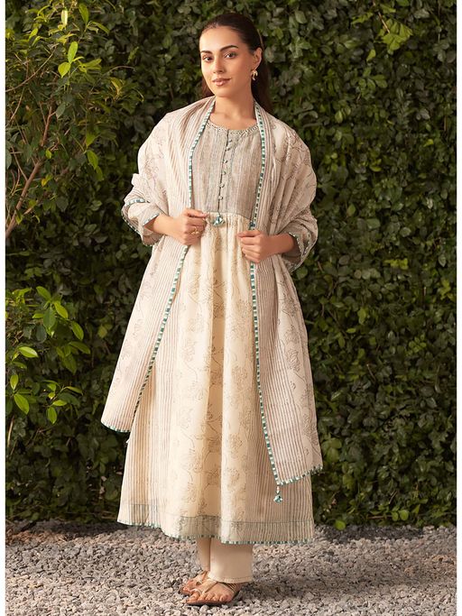 Lakshita Beige Floral Kurta with Pant and Dupatta (Set of 3)