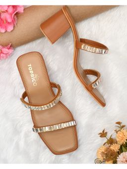 Toprico - Two Strap Beads Embellished Tan Heel Sandals