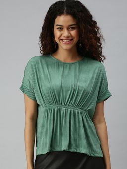 SHOWOFF - Women Round Neck Half Sleeves Self Design Green Top