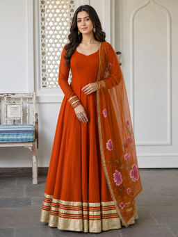 Lavanya The Label - Orange Anarkali Dress with Floral Organza Dupatta