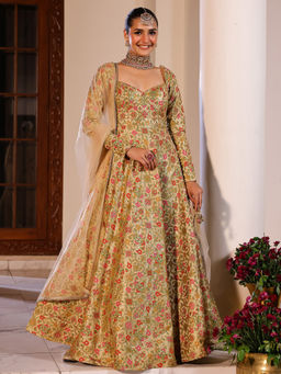 Lavanya The Label - Kimkhab Brocade Beige Anarkali Dress and Dupatta