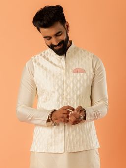 KISAH - Cream Silk Blend Textured Nehru Jacket