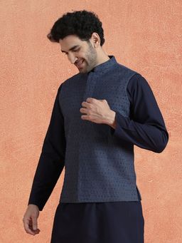 KISAH - Blue Denim Embellished Nehru Jacket