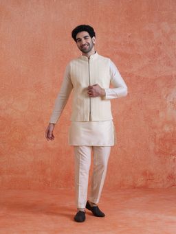 KISAH - White Silk Blend Embroidered Nehru Jacket