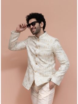 KISAH - Cream Silk Blend Printed Bandhgala Blazer