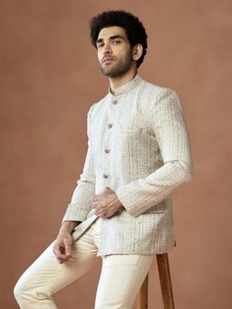 KISAH - Cream Silk Blend Printed Bandhgala Blazer