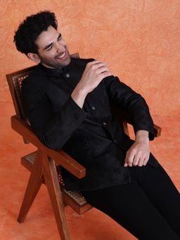KISAH - Black Silk Blend Embroidered Bandhgala Blazer