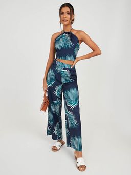 Styli - Blue Palm Print Halter Neck Crop Top And Wide Leg Trouser Co-ord Set (Set of 2)