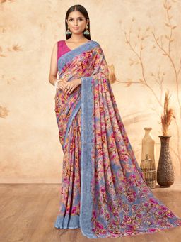 Akhilam - Women Georgette Lavender Printed Designer Saree with Unstitched Blouse