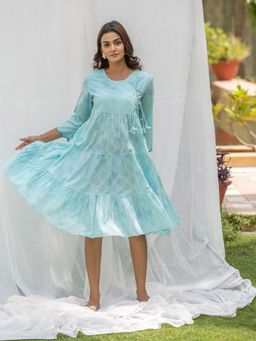 KIKU - Sea Green Block Printed Flared Dress