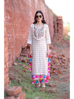 Mani Dua Khanna - Ivory Mirror Work Tassels Kurta with Pant (Set of 2)