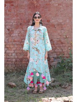 Mani Dua Khanna - Aqua Bird Print Kurta with Pant (Set of 2)