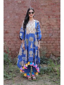 Mani Dua Khanna - Tassel Bloom Blue Kurta with Pant (Set of 2)