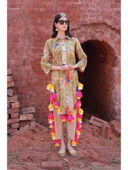 Mani Dua Khanna - Olive Tropical Parrot Tassel Kurta with Pant (Set of 2)