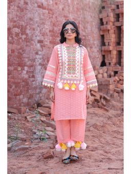 Mani Dua Khanna - Peach Chikankari Mirror Kurta with Pant (Set of 2)