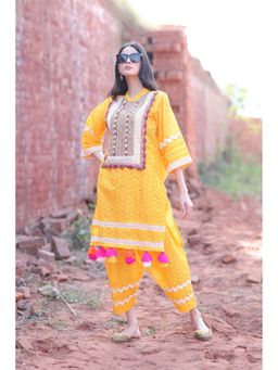 Mani Dua Khanna - Mustard Chikankari Kurta with Pant (Set of 2)