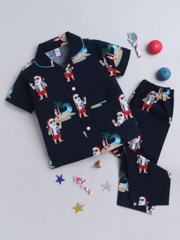 The Magic Wand - Half Sleeves Santa Print Shirt & Pyjama - Navy Blue (Set of 2)