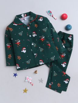 The Magic Wand - Full Sleeves Santa Print Shirt & Pyjama - Green (Set of 2)