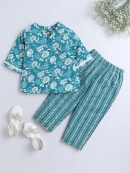 The Magic Wand - Floral Printed Cotton 3/4th Sleeves Kurta & Pyjama - Blue (Set of 2)