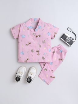 The Magic Wand - Half Sleeves Animal Cotton Printed Shirt & Pyjama - Pink (Set of 2)