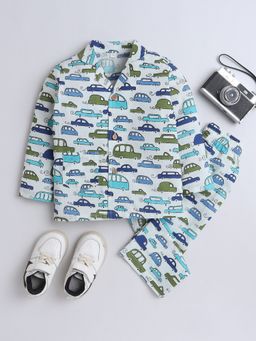 The Magic Wand - Full Sleeves Cotton Cars Printed Shirt & Pyjama - Off White (Set of 2)