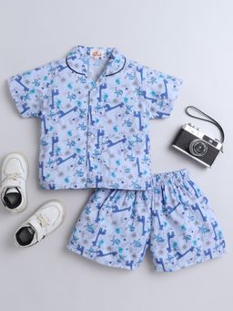 The Magic Wand - Cotton Half Sleeve Animal Printed Shirt & Shorts - Blue (Set of 2)