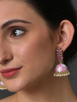 Sohi - Pink Gold Plated Designer Leaf Shaped Contemporary Jhumkas Earrings