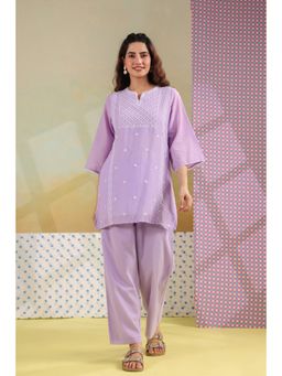 Scakhi - Lavender Mulmul Embroidered Kurti and Palazzo