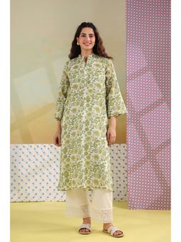 Scakhi - Green Cotton Floral Block Printed Kurta with Palazzo