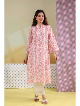 Scakhi - Pink Cotton Floral Block Printed Kurta with Palazzo