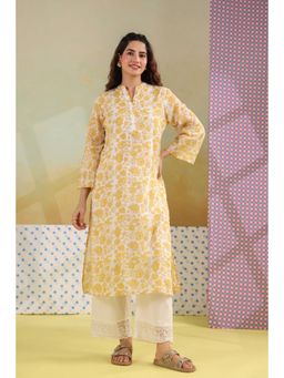 Scakhi - Yellow Cotton Floral Block Printed Kurta with Palazzo