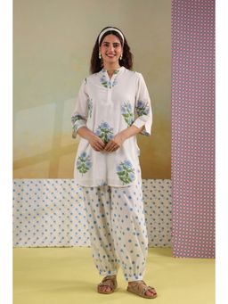 Scakhi - White-Blue Floral Block Printed Kurti with Salwar