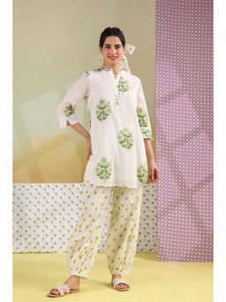 Scakhi - White-Green Floral Block Printed Kurti with Salwar