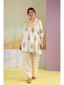 Scakhi - White-Yellow Mul Cotton Floral Block Printed Kurti with Farshi Salwar