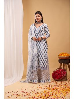 Aritri - White-Indigo Floral Block Printed Kurta with Palazzo and Dupatta
